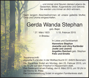 Traueranzeige von Gerda Wanda Stephan von Starkenburger Echo