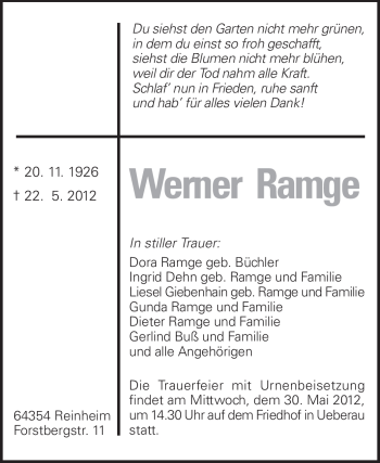 Traueranzeige von Werner Ramge von Darmstädter Echo, Odenwälder Echo, Rüsselsheimer Echo, Groß-Gerauer-Echo, Ried Echo