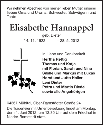 Traueranzeige von Elisabethe Hannappel von Echo-Zeitungen (Gesamtausgabe)
