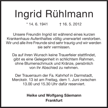 Traueranzeige von Ingrid Rühlmann von Echo-Zeitungen (Gesamtausgabe)