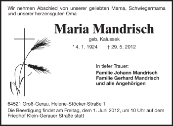 Traueranzeige von Maria Mandrisch von Rüsselsheimer Echo, Groß-Gerauer-Echo, Ried Echo
