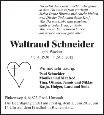 Traueranzeige von Waltraud Schneider von Echo-Zeitungen (Gesamtausgabe)