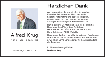 Traueranzeige von Alfred Krug von Darmstädter Echo, Odenwälder Echo, Rüsselsheimer Echo, Groß-Gerauer-Echo, Ried Echo