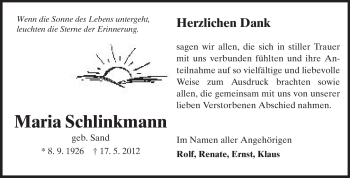 Traueranzeige von Maria Schlinkmann von Echo-Zeitungen (Gesamtausgabe)