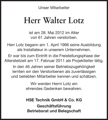 Traueranzeige von Walter Lotz von Echo-Zeitungen (Gesamtausgabe)