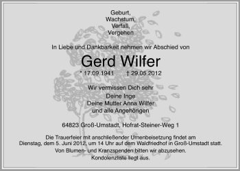 Traueranzeige von Gerd Wilfer von Echo-Zeitungen (Gesamtausgabe)