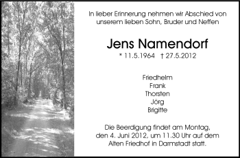 Traueranzeige von Jens Namendorf von Echo-Zeitungen (Gesamtausgabe)