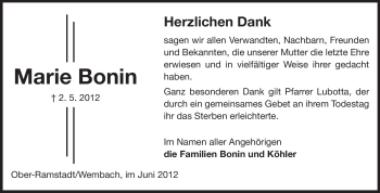 Traueranzeige von Marie Bonin von Echo-Zeitungen (Gesamtausgabe)