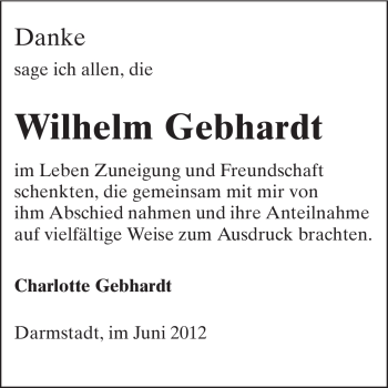 Traueranzeige von Wilhelm Gebhardt von Darmstädter Echo, Odenwälder Echo, Rüsselsheimer Echo, Groß-Gerauer-Echo, Ried Echo