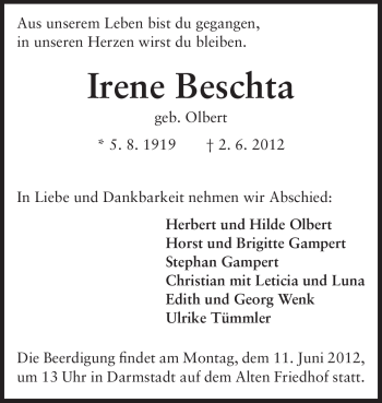 Traueranzeige von Irene Beschta von Echo-Zeitungen (Gesamtausgabe)