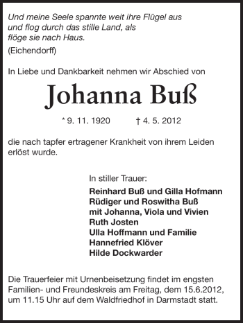Traueranzeige von Johanna Buß von Darmstädter Echo, Odenwälder Echo, Rüsselsheimer Echo, Groß-Gerauer-Echo, Ried Echo