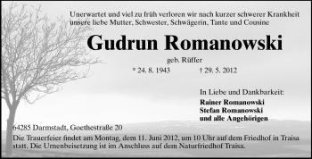 Traueranzeige von Gudrun Romanowski von Echo-Zeitungen (Gesamtausgabe)