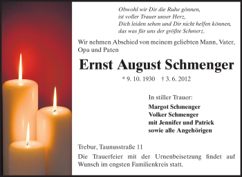 Traueranzeige von Ernst August Schmenger von Rüsselsheimer Echo, Groß-Gerauer-Echo, Ried Echo