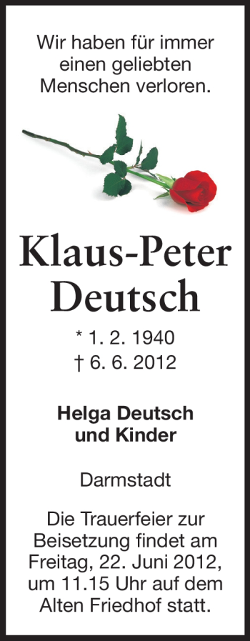 Traueranzeige von Klaus-Peter Deutsch von Echo-Zeitungen (Gesamtausgabe)