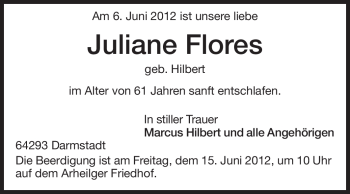 Traueranzeige von Juliane Flores von Echo-Zeitungen (Gesamtausgabe)