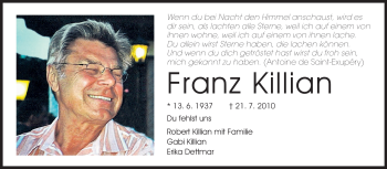 Traueranzeige von Franz Kilian von Rüsselsheimer Echo, Groß-Gerauer-Echo, Ried Echo
