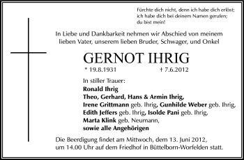Traueranzeige von Gernot Ihrig von Rüsselsheimer Echo, Groß-Gerauer-Echo, Ried Echo
