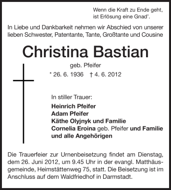Traueranzeige von Christina Bastian von Echo-Zeitungen (Gesamtausgabe)
