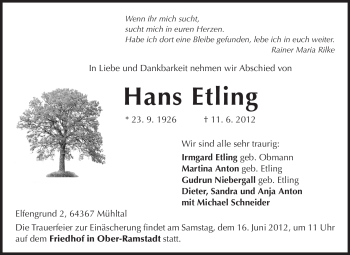 Traueranzeige von Hans Etling von Darmstädter Echo, Odenwälder Echo, Rüsselsheimer Echo, Groß-Gerauer-Echo, Ried Echo