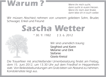 Traueranzeige von Sascha Wetter von Starkenburger Echo