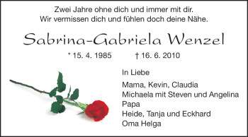 Traueranzeige von Sabrina-Gabriela Wenzel von Darmstädter Echo, Odenwälder Echo, Rüsselsheimer Echo, Groß-Gerauer-Echo, Ried Echo