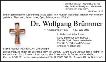 Traueranzeige von Wolfgang Brümmer von Echo-Zeitungen (Gesamtausgabe)