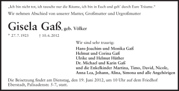 Traueranzeige von Gisela Gaß von Echo-Zeitungen (Gesamtausgabe)