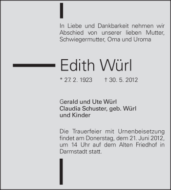 Traueranzeige von Edith Würl von Darmstädter Echo, Odenwälder Echo, Rüsselsheimer Echo, Groß-Gerauer-Echo, Ried Echo