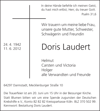 Traueranzeige von Doris Laudert von Echo-Zeitungen (Gesamtausgabe)