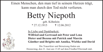 Traueranzeige von Betty Niepoth von Echo-Zeitungen (Gesamtausgabe)