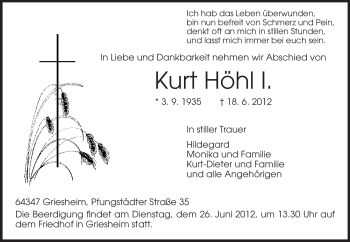 Traueranzeige von Kurt Höhl von Echo-Zeitungen (Gesamtausgabe)
