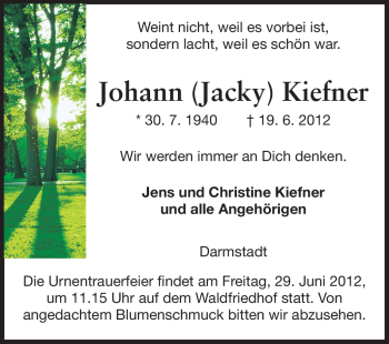 Traueranzeige von Johann Kiefner von Echo-Zeitungen (Gesamtausgabe)