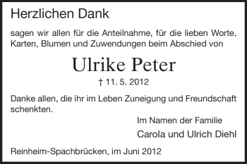 Traueranzeige von Ulrike Peter von Darmstädter Echo, Odenwälder Echo, Rüsselsheimer Echo, Groß-Gerauer-Echo, Ried Echo