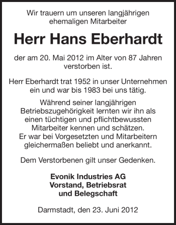 Traueranzeige von Hans Eberhardt von Echo-Zeitungen (Gesamtausgabe)
