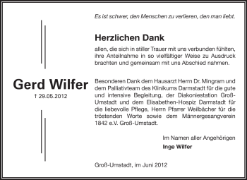 Traueranzeige von Gerd Wilfer von Echo-Zeitungen (Gesamtausgabe)