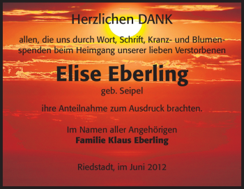 Traueranzeige von Elise Eberling von Rüsselsheimer Echo, Groß-Gerauer-Echo, Ried Echo