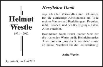 Traueranzeige von Helmut Westle von Darmstädter Echo, Odenwälder Echo, Rüsselsheimer Echo, Groß-Gerauer-Echo, Ried Echo