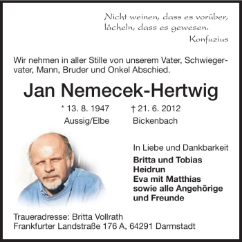 Traueranzeige von Jan Nemecek-Hertwig von Echo-Zeitungen (Gesamtausgabe)