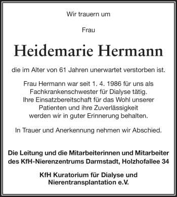 Traueranzeige von Heidemarie Hermann von Darmstädter Echo, Odenwälder Echo, Rüsselsheimer Echo, Groß-Gerauer-Echo, Ried Echo