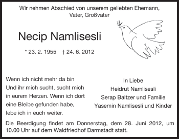 Traueranzeige von Necip Namlisesli von Echo-Zeitungen (Gesamtausgabe)