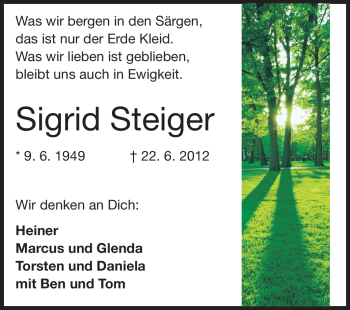 Traueranzeige von Sigrid Steiger  von Echo-Zeitungen (Gesamtausgabe)