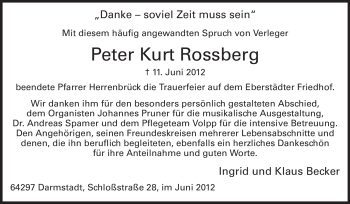 Traueranzeige von Peter Kurt Rossberg von Echo-Zeitungen (Gesamtausgabe)
