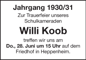 Traueranzeige von Willi Koob von Starkenburger Echo