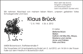 Traueranzeige von Klaus Brück von Echo-Zeitungen (Gesamtausgabe)