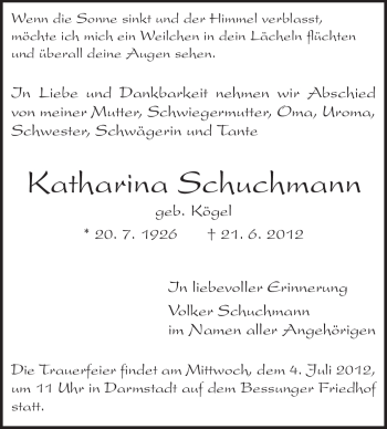 Traueranzeige von Katharina Schuchmann von Echo-Zeitungen (Gesamtausgabe)
