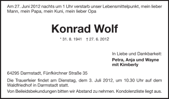Traueranzeige von Konrad Wolf von Echo-Zeitungen (Gesamtausgabe)