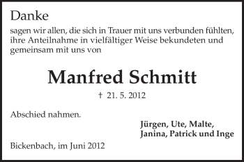 Traueranzeige von Manfred Schmitt von Echo-Zeitungen (Gesamtausgabe)