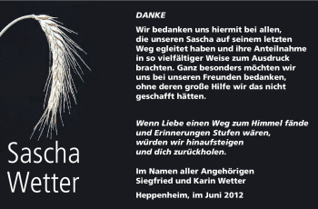 Traueranzeige von Sascha Wetter von Starkenburger Echo