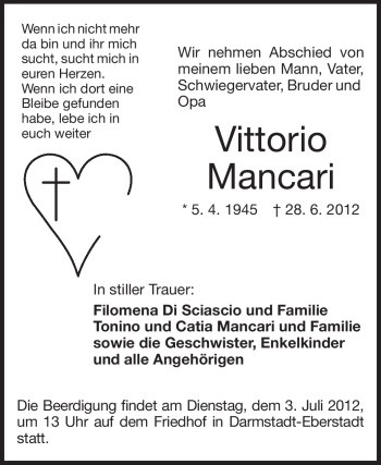 Traueranzeige von Vittorio Mancari von Echo-Zeitungen (Gesamtausgabe)