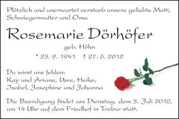 Traueranzeige von Rosemarie Dörhöfer von Rüsselsheimer Echo, Groß-Gerauer-Echo, Ried Echo